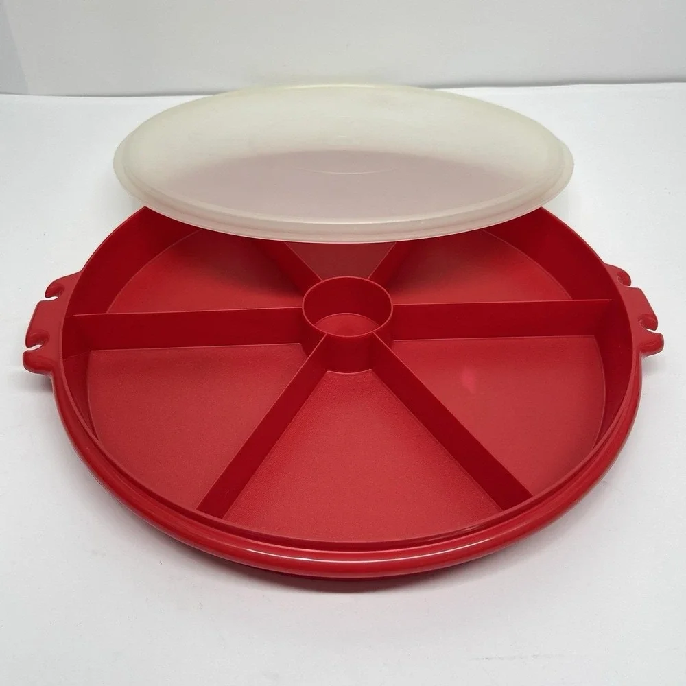 Tupperware 405 Red Divided Party Vegetable Relish Serving Tray & Lid No Handle